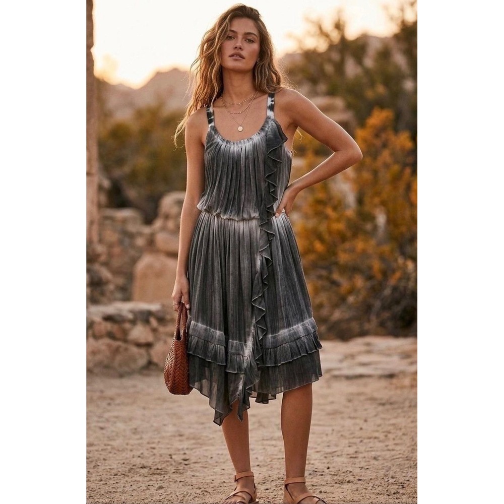 NWT Free People Grey Acid Wash Tie Dye Ruffle Midi Dress Handkerchief Hem | L